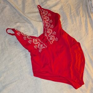 La Blanca Red One Piece Swimsuit with White Floral Embroidery